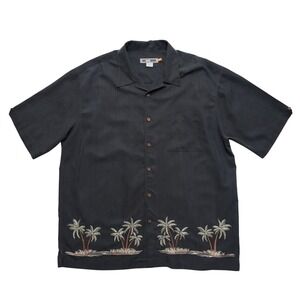 Quiksilver Edition Button Up Shirt Mens XL Black Palm Tree Embroidered Hawaiian